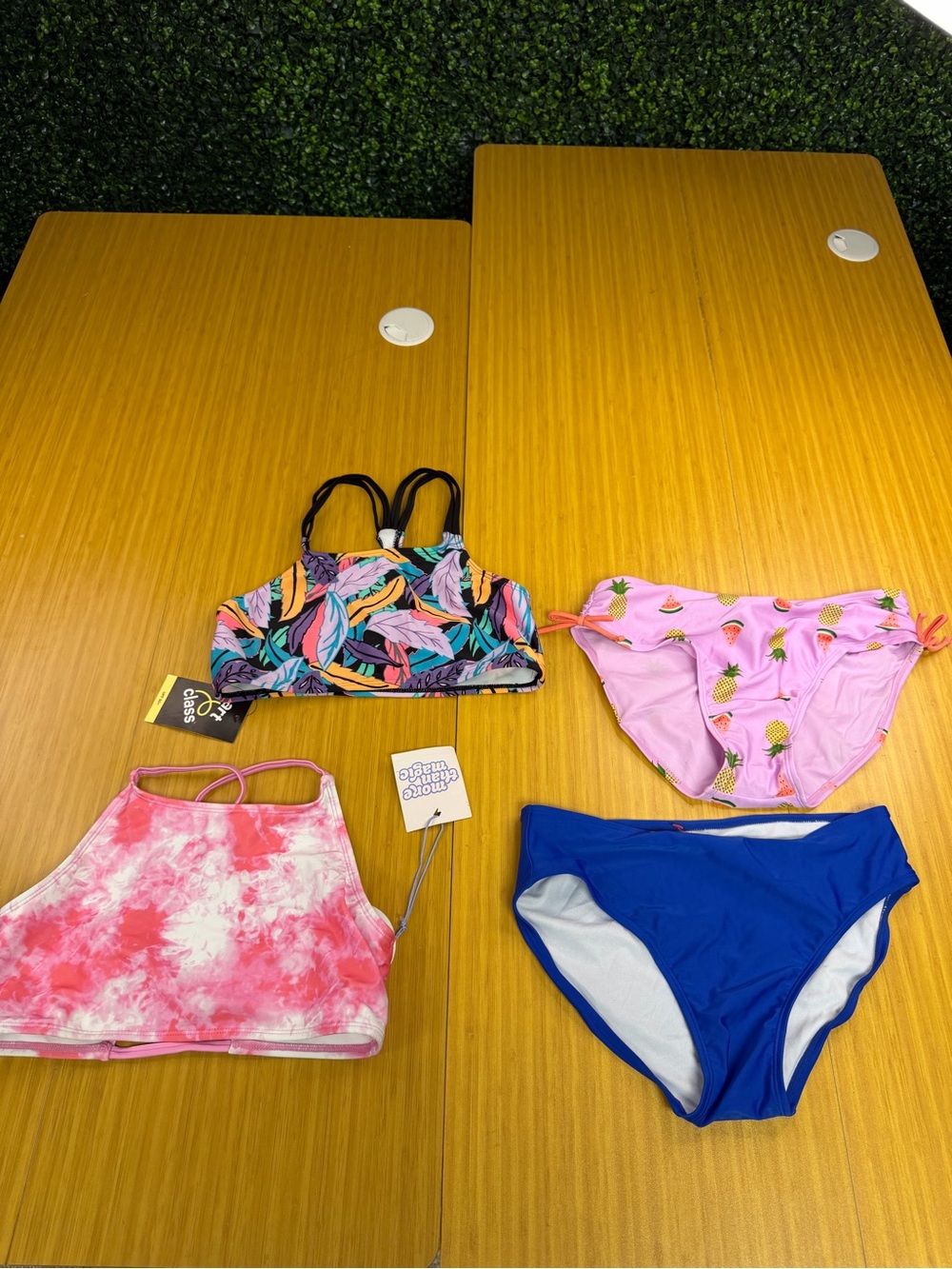 Lot Of 4 Youth Girls Art Class Floral Swim Top And Bottoms Blue Pink XL 14/16
